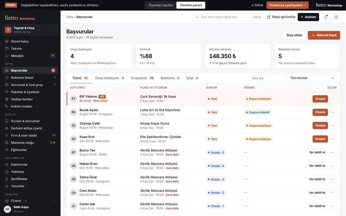 Fietto Workshop admin panel: bookings screen